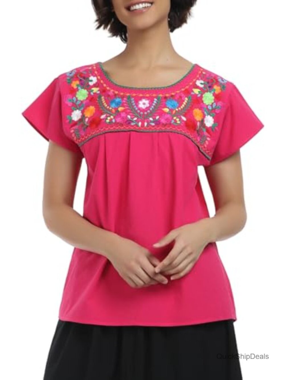 Embroidered Mexican Peasant Blouse Short Sleeve Summer Top
